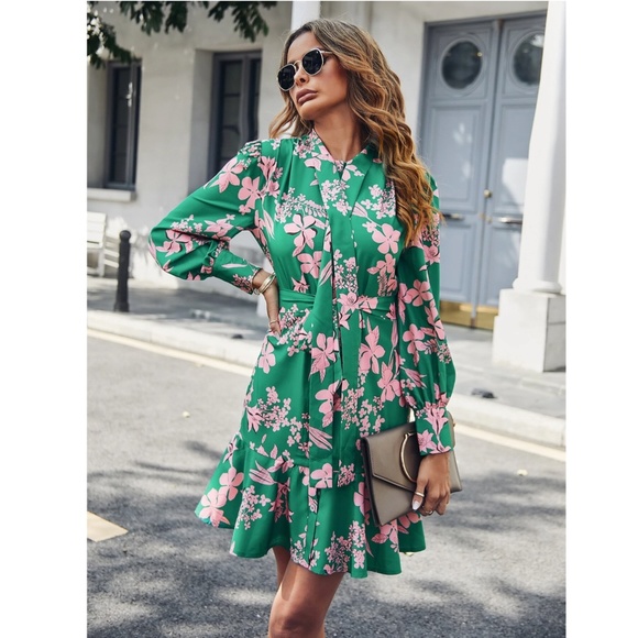 Floral Print Green Pink Mini Dress Long Sleeve Ruffle Tie Neck Belted - Picture 6 of 8